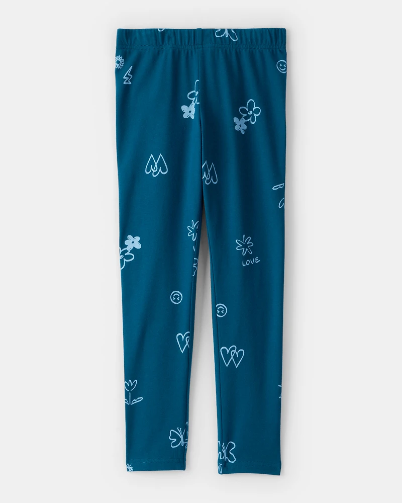 Girls Heart Floral Pull-On Stretch Leggings - Blue