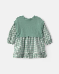 Baby Girl 2-Piece Checkered Flannel Long-Sleeve Dress - Green