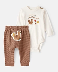Baby My First Thanksgiving Cotton Long-Sleeve Tee & Pant Set - Brown/Cream