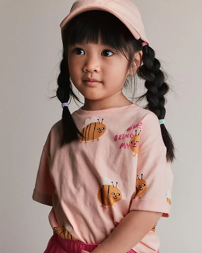 Toddler Girl Rolled Cuff Tee Bee Print - Light Pink