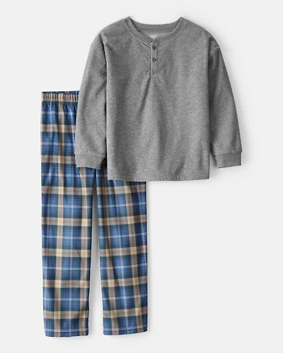 Boys Plaid Fleece Loose Fit 2-Piece Pyjamas - Grey/Blue
