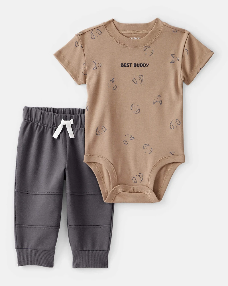 Baby Boy 'Best Buddy' Bodysuit & Jogger Set - Brown