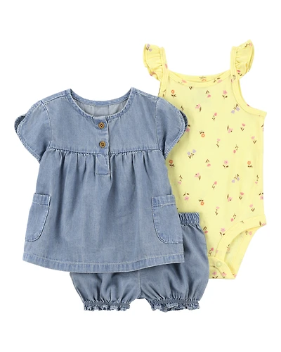 Baby Girl 3-Piece Floral Outfit Set - Yellow/Chambray