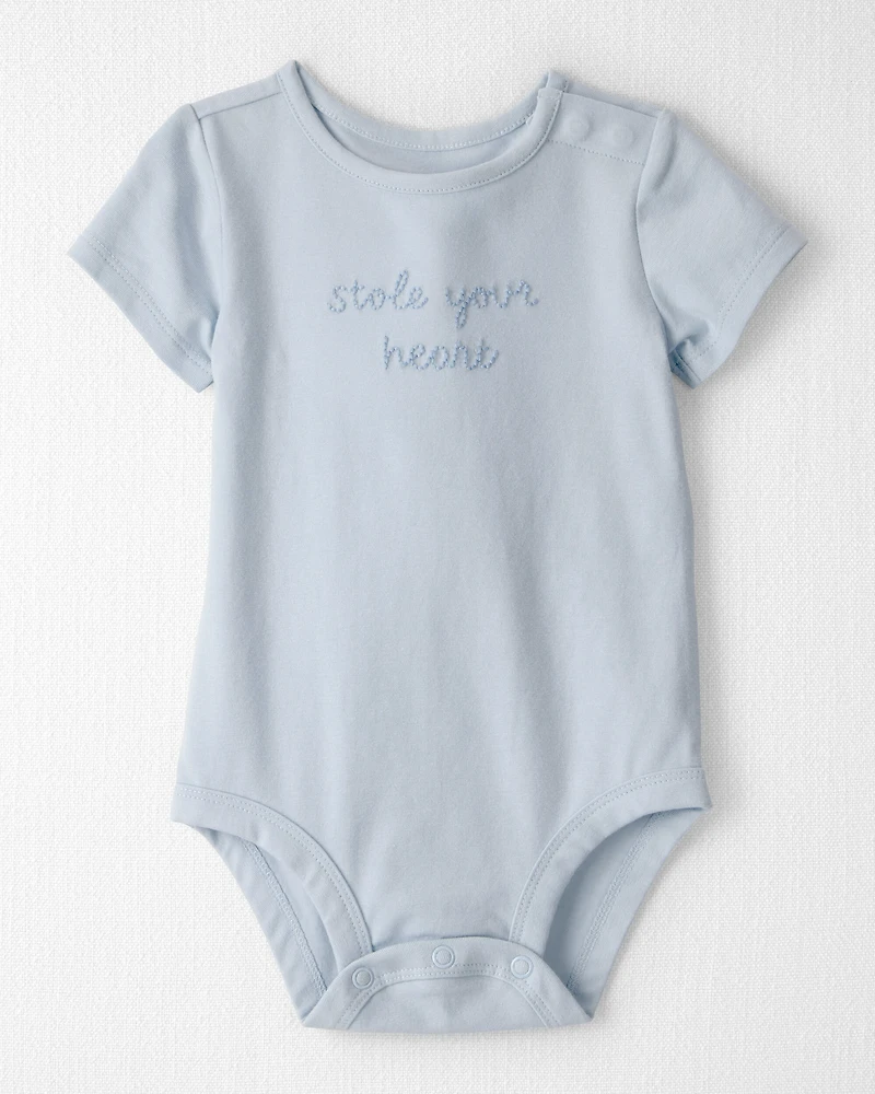 Baby 'Stole Your Heart' Organic Cotton Embroidered Bodysuit Slate Blue