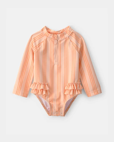 Baby Girl Striped Long-Sleeve 1-Piece Swimsuit - Orange