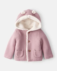 Baby Girl Sherpa Lined Cotton Long-Sleeve Sweater - Pink