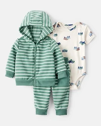 Baby Boy 3-Piece Construction Striped Print Hooded Zip-Up Jacket, Bodysuit & Pant Set - Green