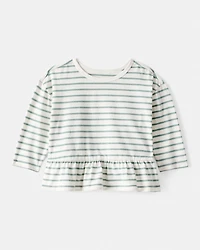 Baby Girl Striped Long-Sleeve Peplum Top - Green