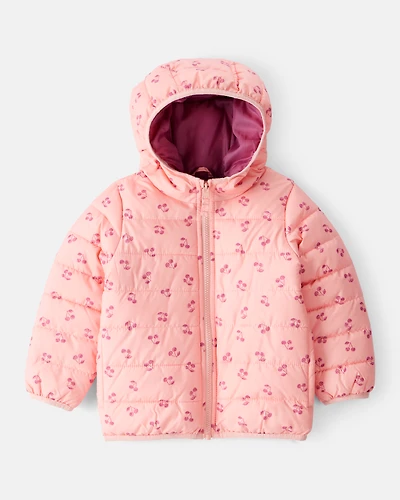 Toddler Cherry Print Hooded Puffer Jacket - Pink