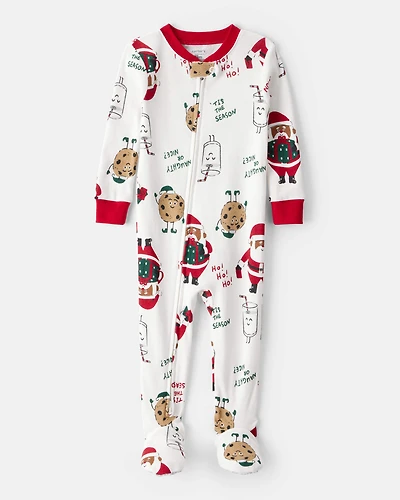 Toddler Brown Santa Milk & Cookies 100% Cotton Long-Sleeve Snug Fit 1-Piece Pajamas - White
