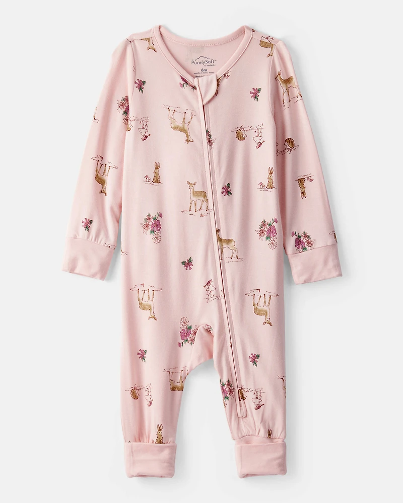 Baby Girl Deer & Floral Print PurelySoft Sleeper - Pink