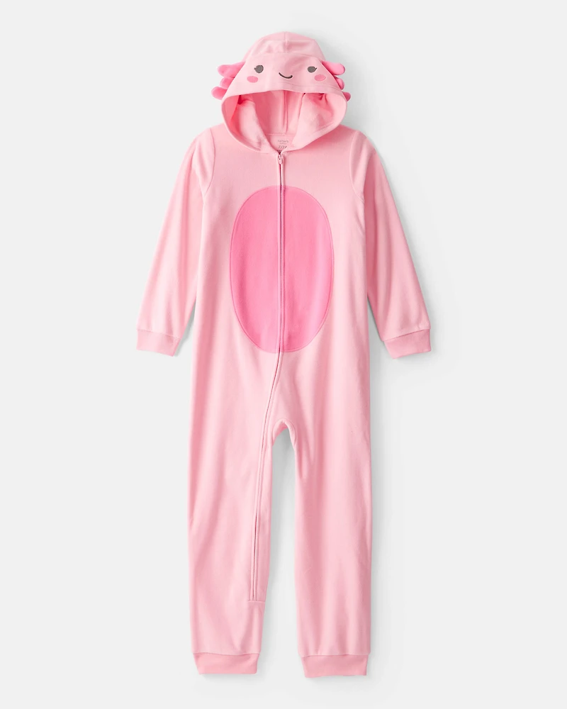 Girls Axolotl Fleece Long-Sleeve Snug Fit Zip-Up 1-Piece Pajamas - Pink