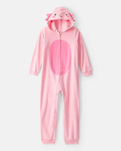 Girls Axolotl Fleece Long-Sleeve Snug Fit Zip-Up 1-Piece Pajamas - Pink