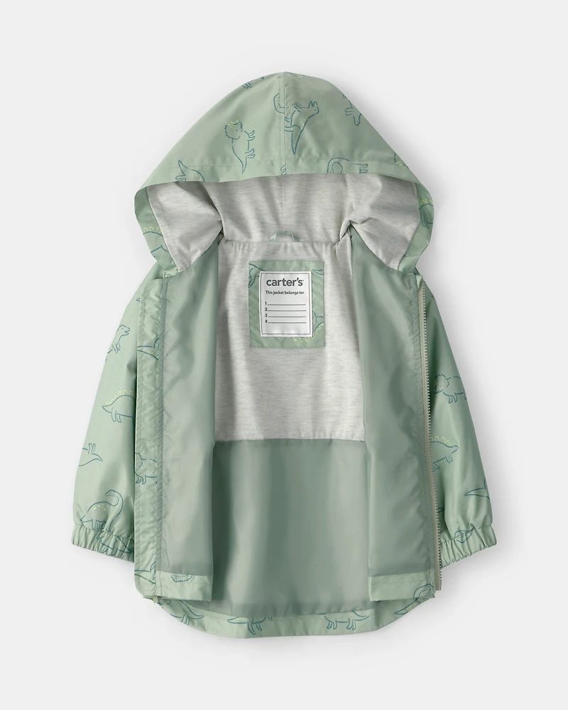 Toddler Boy Dinosaur Print Rain Jacket- Green