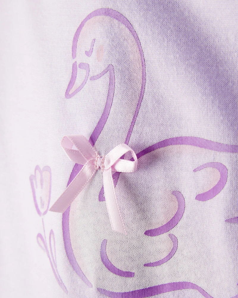 Girls Swan Floral Loose Fit Night Gown - Purple/White