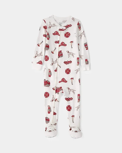 Toddler Boy Firetruck 100% Cotton Snug Fit 1-Piece Pyjama Set - White