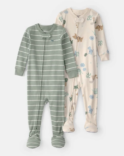 Baby 2-Pack Dinosaur Striped Snug Fit 1-Piece Pajama Set - Green/Cream