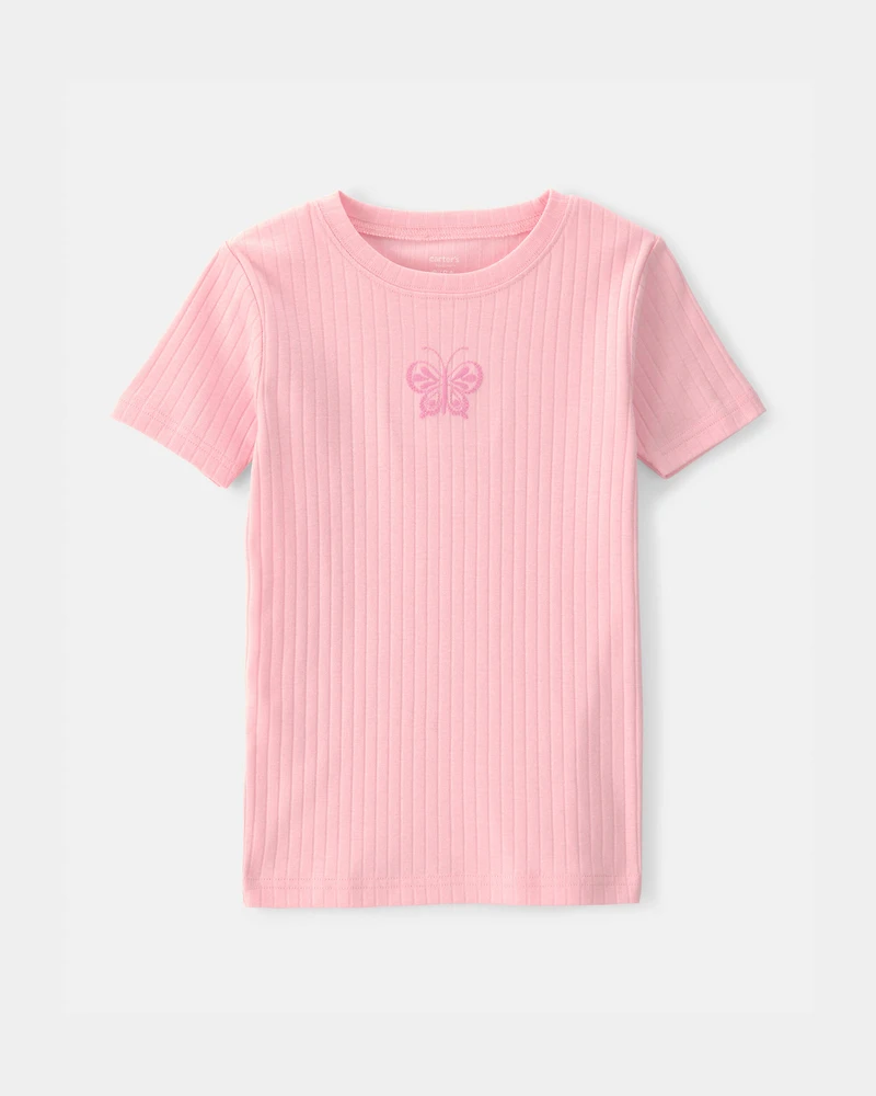 Girls Butterfly Rib Snug Fit 2-Piece Pyjama Set - Pink