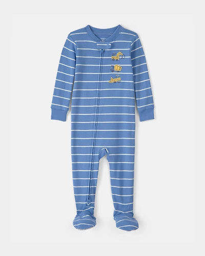 Toddler Boy Construction Striped 100% Cotton Snug Fit 1-Piece Pyjama Set - Blue