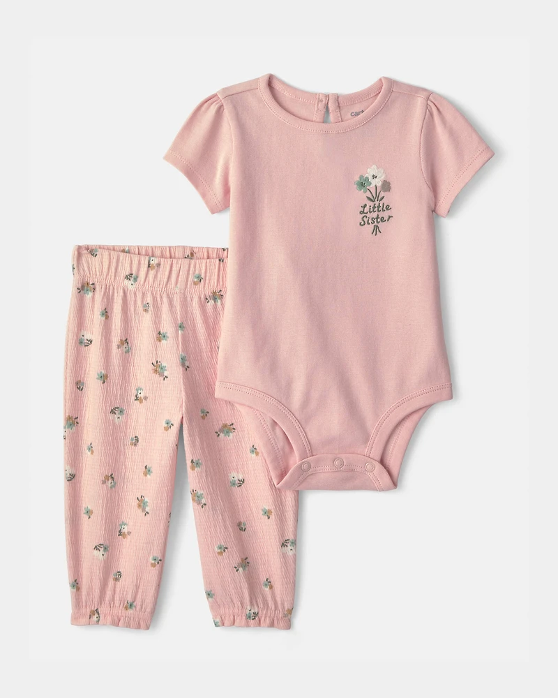 Baby Girl 2-Piece 'Little Sister' Floral Bodysuit & Pant Set - Pink