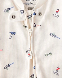 Baby Boy Construction Print Cotton Long-Sleeve Snug Fit Sleeper - White