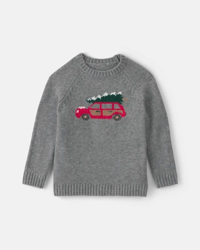 Toddler Boy Car Christmas Sweater - Grey