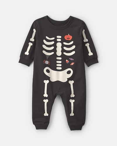 Baby Skeleton Halloween French Terry Long-Sleeve Jumpsuit - Black
