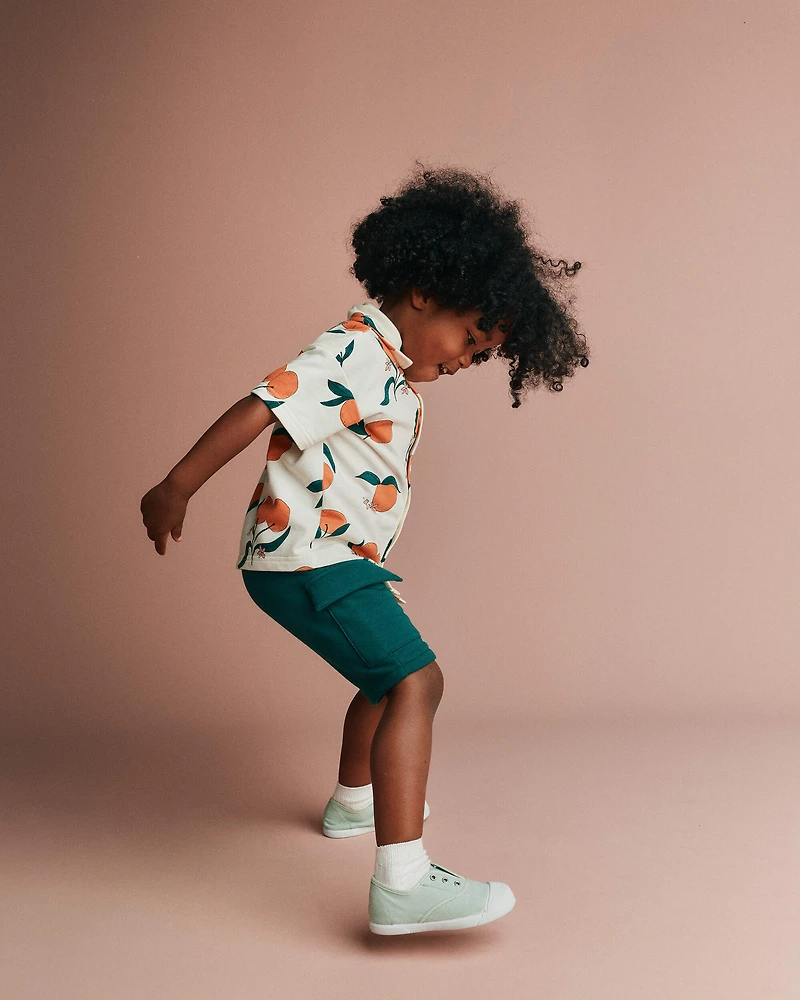 Toddler Boy Button-Down Short-Sleeve Shirt Clementine Grove Print - Cream