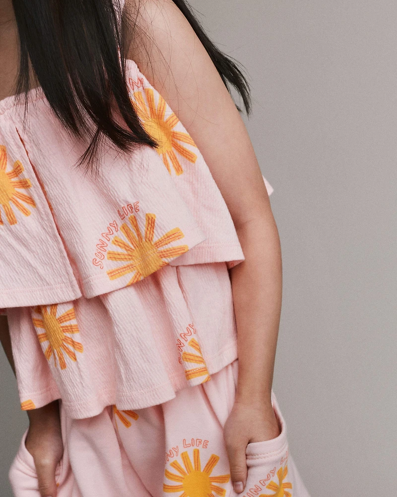 Toddler Girl Off Shoulder Flowy Top Sunny Life Print - Light Pink