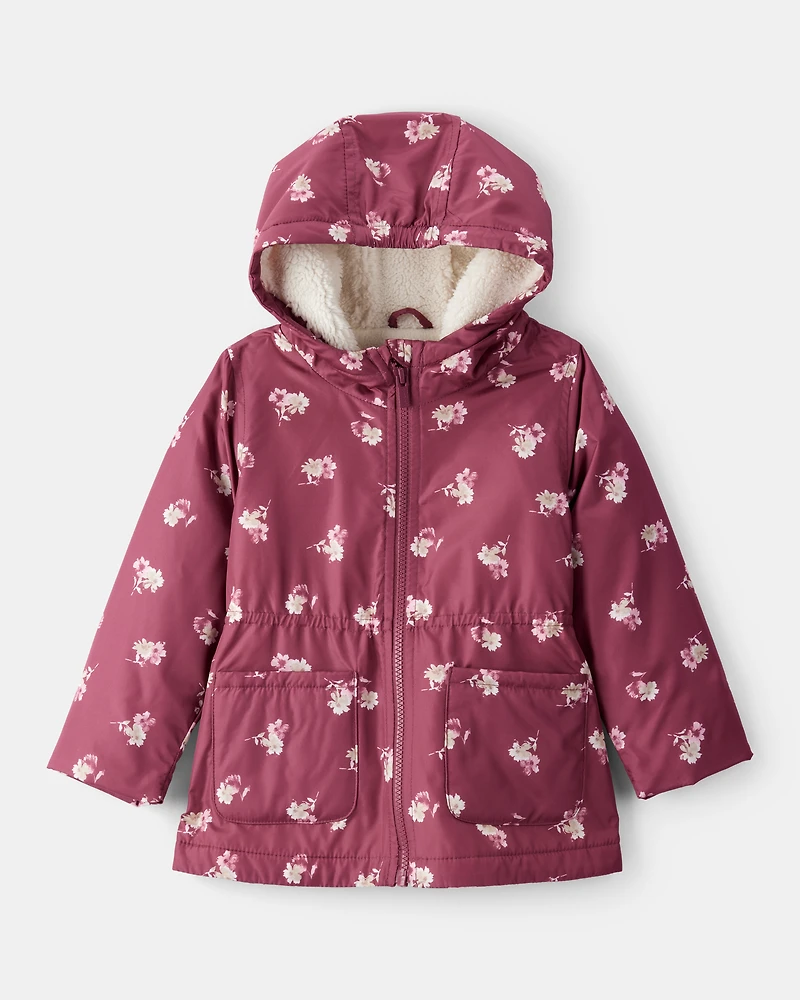 Girls Floral Print Anorak Jacket - Burgundy