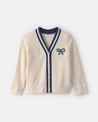 Girls Bow French Terry Cardigan Sweater - Cream