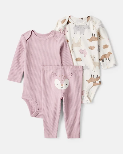 Baby Girl 3-Piece Woodland Creatures Long-Sleeve Bodysuits & Pant Set - Pink/White