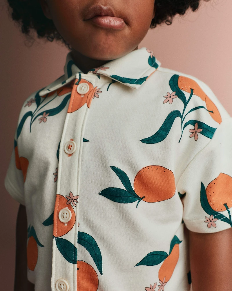 Toddler Boy Button-Down Short-Sleeve Shirt Clementine Grove Print - Cream