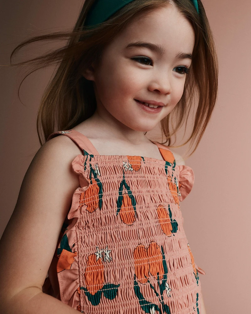 Toddler Girl Smocked Bib Top Clementine Grove Print - Peach