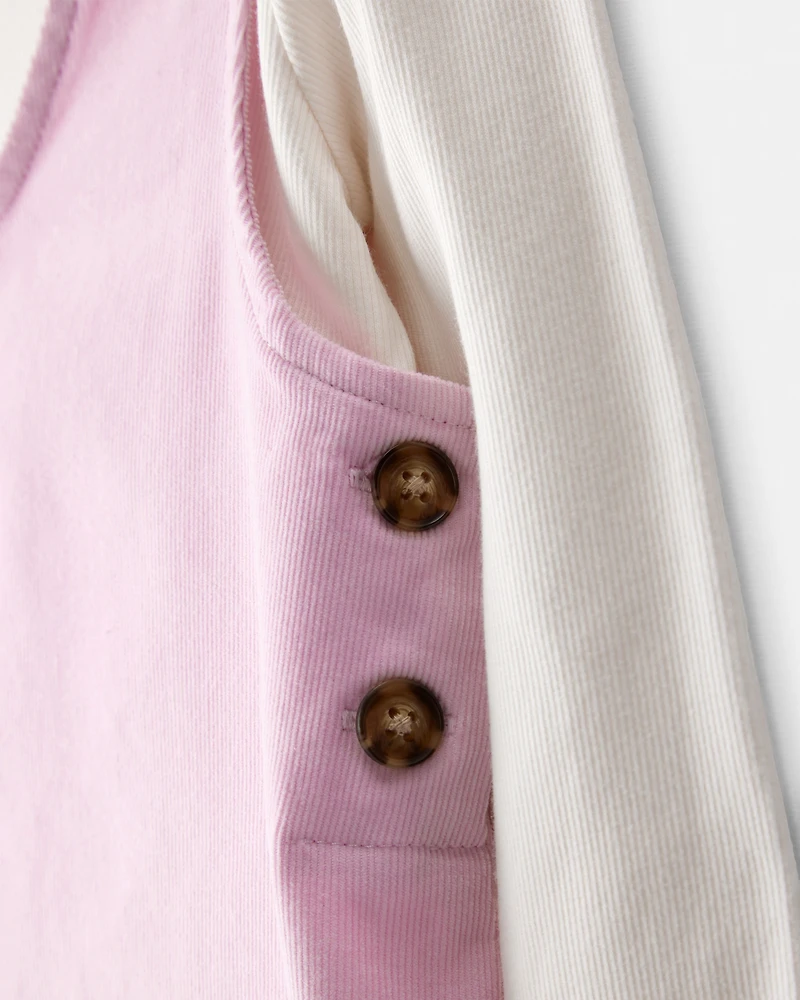 Girls Corduroy Dress Set - Pink/Ivory