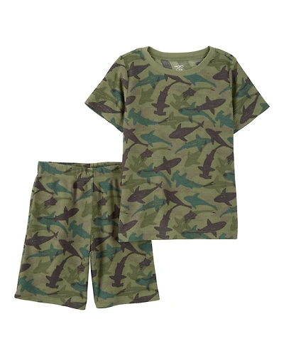 Boys Shark Print Loose Fit Waffle Knit 2-Piece Pyjamas - Green
