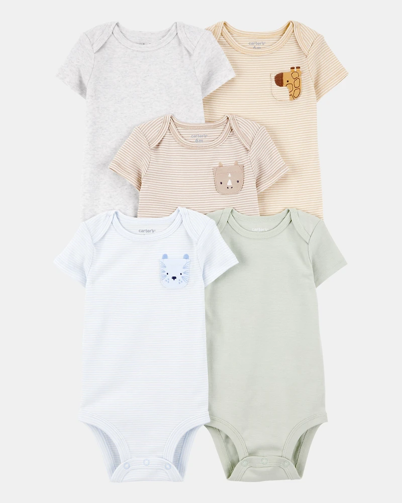 Baby 5-Pack Animals Short-Sleeve Cotton Bodysuits