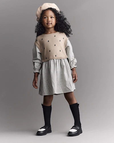 Toddler Girl Polka Dot Layered Sweater Long-Sleeve Dress - Brown/Cream