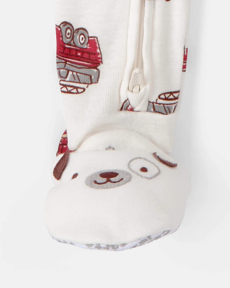 Baby Boy Firetruck 100% Cotton Snug Fit 1-Piece Pyjama Set - White