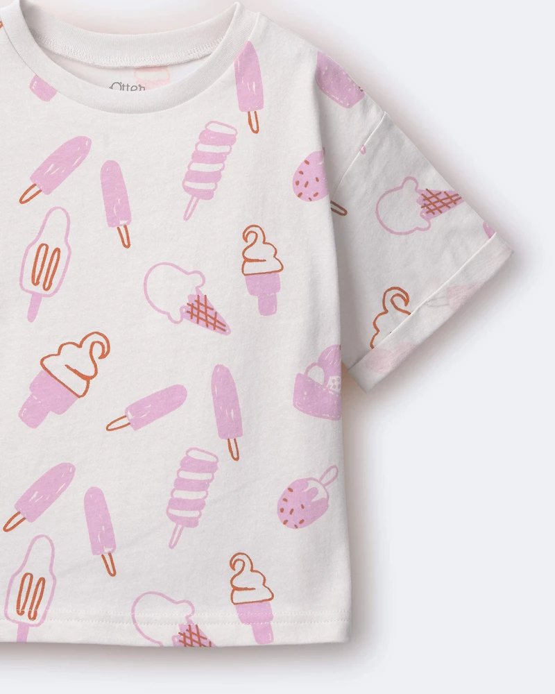 Toddler Girl Rolled Cuff Tee Ice Cream Print - Ivory
