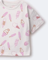 Toddler Girl Rolled Cuff Tee Ice Cream Print - Ivory
