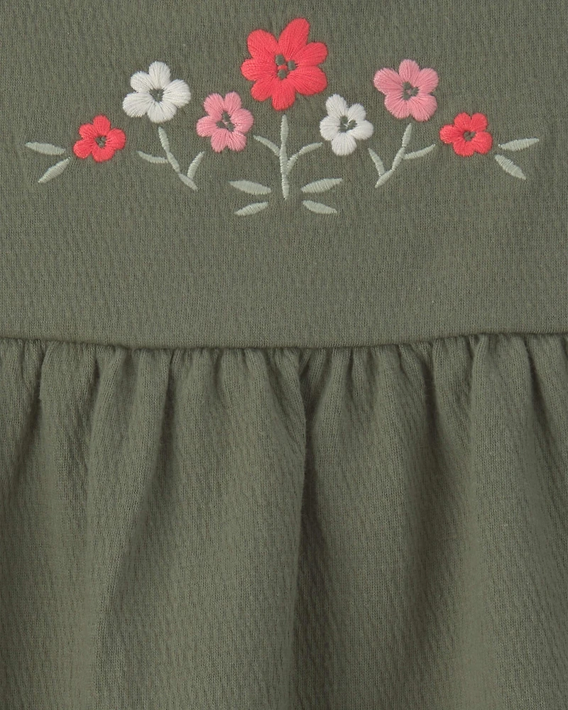 Baby Girl Flower Embroidered Sleeveless Dress - Olive
