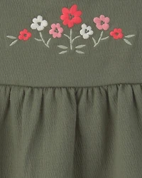 Baby Girl Flower Embroidered Sleeveless Dress - Olive