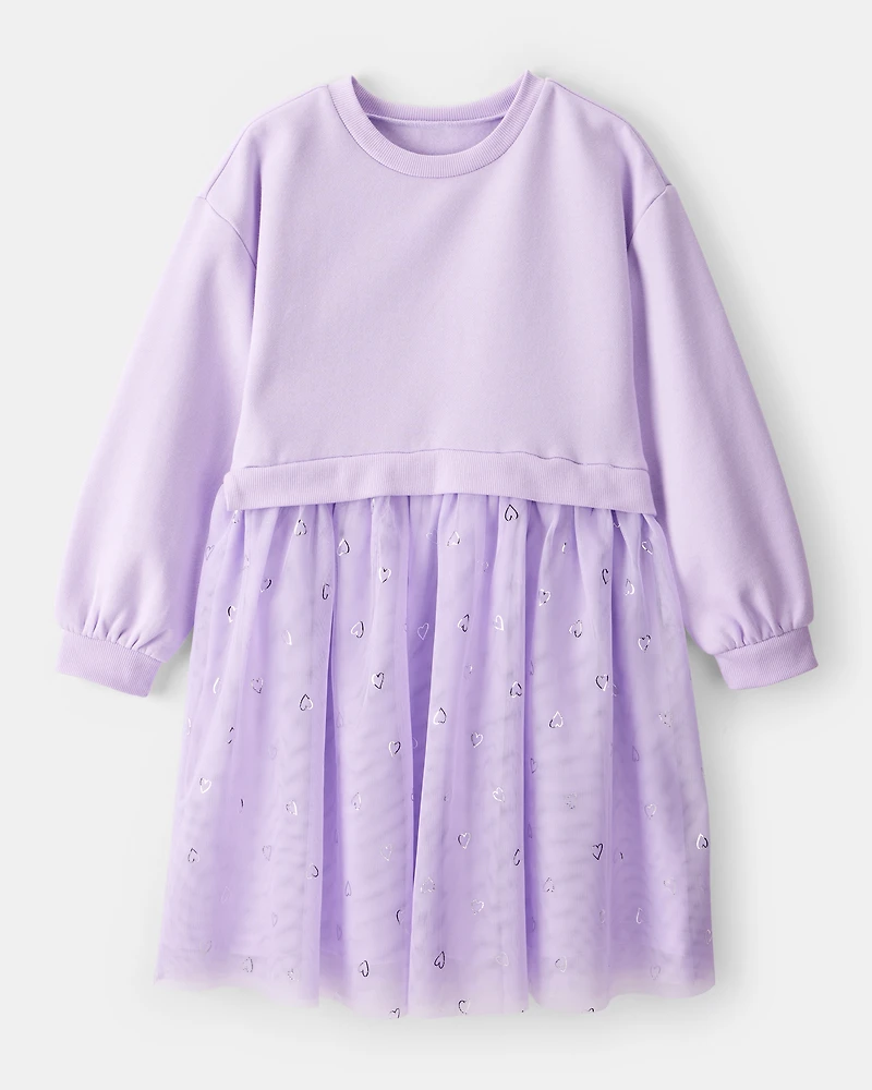 Girls Metallic Heart Long-Sleeve Tulle Dress - Purple