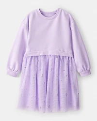 Girls Metallic Heart Long-Sleeve Tulle Dress - Purple