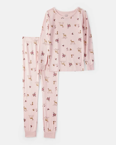Girls Deer & Floral Print PurelySoft Long-Sleeve 2-Piece pyjamas - Pink