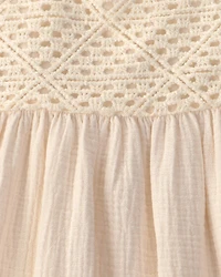 Toddler Girl Crochet Gauze Dress - Cream