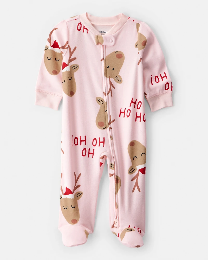 Baby Girl Reindeer 100% Cotton Snug Fit 2-Way Zip Sleeper - Pink