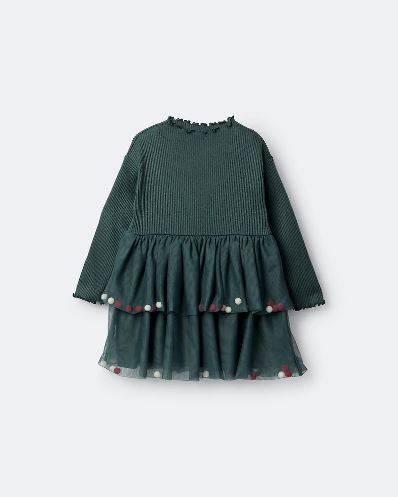 Toddler Girl Tree Pom Long-Sleeve Tutu Dress - Green