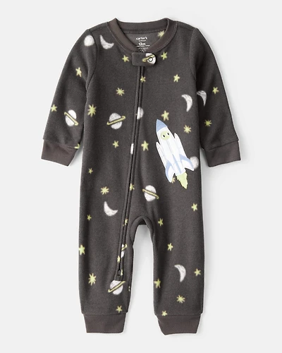 Baby Boy Spaceship Star Print Fleece Long-Sleeve Loose Fit 1-Piece pyjamas - Grey